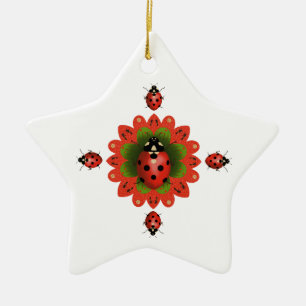 Ornamento De Cerâmica Árvore de Natal Joaninha Vermelha e Estrela Branca