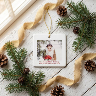 Ornamento De Cerâmica Árvore de Natal Minimalista com Foto & Nome da Fam
