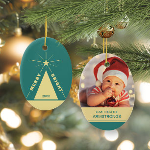 Ornamento De Cerâmica Árvore de Natal Oval Turquesa Família Foto