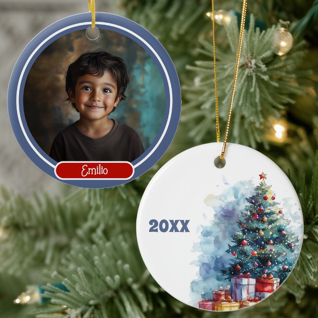 Ornamento De Cerâmica Árvore de Natal Personalizada de Cores Aquáticas (Criador carregado)