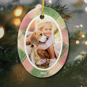 Ornamento De Cerâmica Árvore de Natal Personalizada de Xadrez Verde Rosa