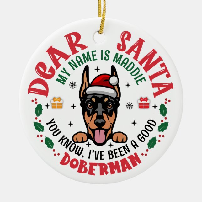 Ornamento De Cerâmica Árvore de Natal Personalizada do Doberman Pinscher (Frente)