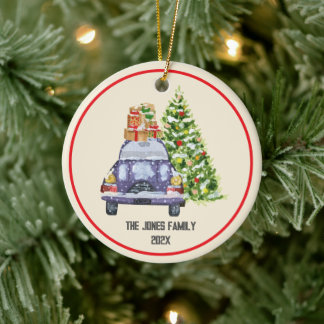 Ornamento De Cerâmica Árvore de Natal Personalizada Família no Carro Azu