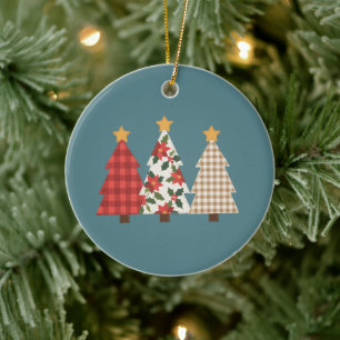 Ornamento De Cerâmica Árvore de Natal Remendo Vintage Xadrez Vermelho Fe