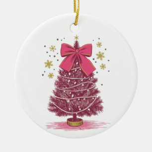 Ornamento De Cerâmica Árvore de Natal Rosa Laço Coquette Natal Feriado