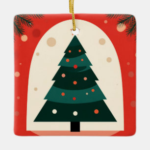 Ornamento De Cerâmica Árvore de Natal Verde com Férias Vermelhas