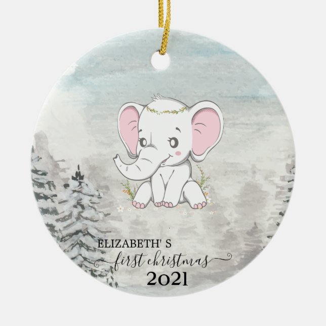 Ornamento De Cerâmica Árvore de pinheiro de Elefante de Natal Primeiro N (Frente)