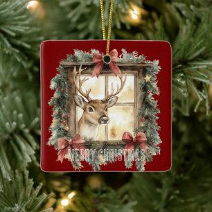 Ornamento De Cerâmica Árvore de Pinheiro Verde Veado de Natal na Janela