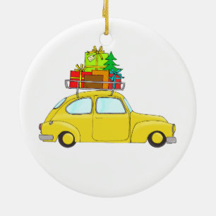 Ornamento De Cerâmica Árvore de reboque de carro de Natal amarela