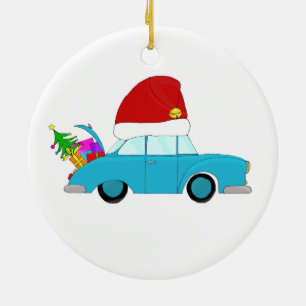 Ornamento De Cerâmica Árvore de reboque de carro de Natal azul