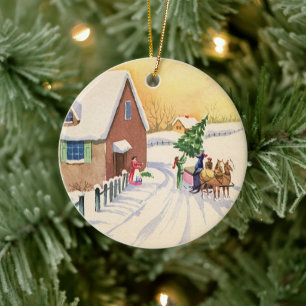 Ornamento De Cerâmica Árvore do natal vintage em uma estrada nevado do