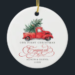 Ornamento De Cerâmica Árvore do Pinho de Pré-Casamento Envolvido no Prim<br><div class="desc">Este Enfeites de natal inspirado nesta safra apresenta uma ilustração de uma cor d'água linda de um caminhão vermelho carregando um pinheiro. Os campos de texto são totalmente editáveis, exceto a palavra "Engaged". Basta remover esta palavra clicando no botão excluir e adicionar seu próprio texto se você precisar de uma...</div>