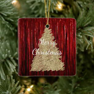 Ornamento De Cerâmica Árvore Dourada de Natal Red Tinsel