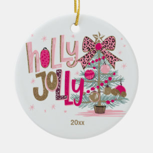 Ornamento De Cerâmica Árvore Dourada rosa Holly Jolly Natal