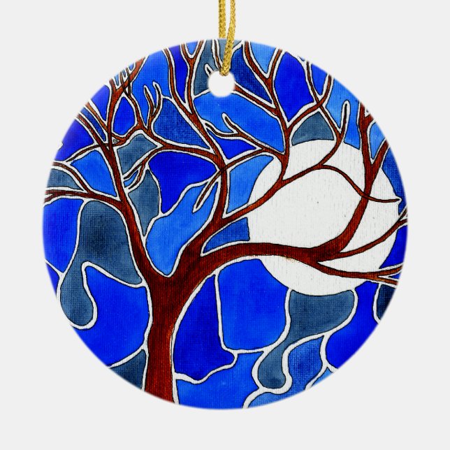 Ornamento De Cerâmica Árvore e lua em canvas - azul (Frente)