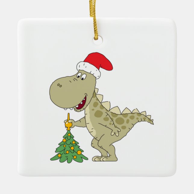 Ornamento De Cerâmica Árvore Feliz de Natal Dinossauro Santa Hat (Frente)