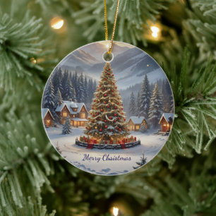 Ornamento De Cerâmica Árvore festiva de Natal numa aldeia de montanha