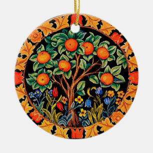 ORNAMENTO DE CERÂMICA ÁRVORE LARANJA COM FOLHAS VERDE, FLORES