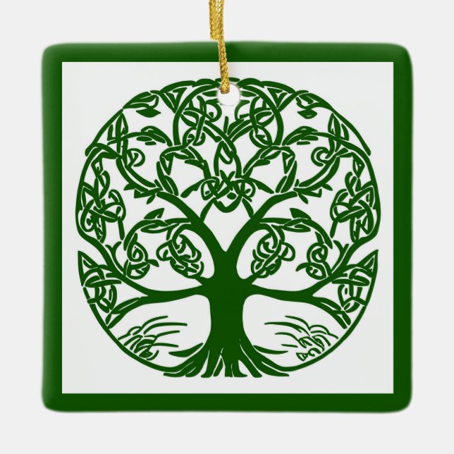 Ornamento De Cerâmica Árvore Nó Celta da Vida Verde em Branco (Frente)