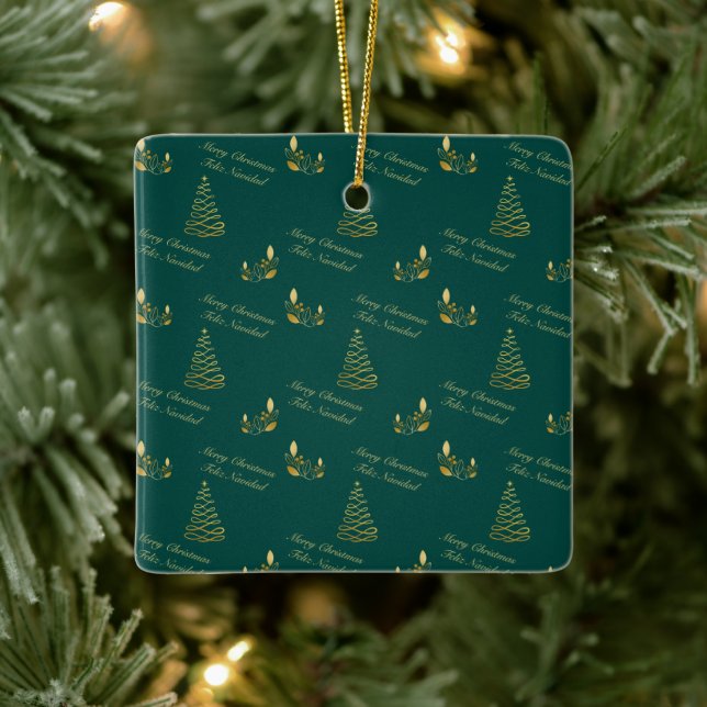 Ornamento De Cerâmica Árvore Verde e Ouro Bilíngue (Árvore)