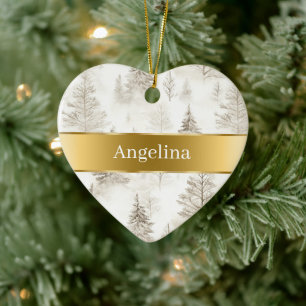 Ornamento De Cerâmica Árvores Creme Chic com Fita Dourada Natal