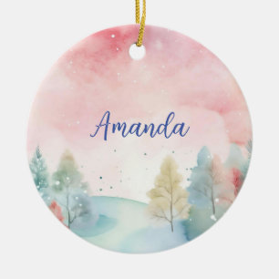 Ornamento De Cerâmica Árvores de aquarela cor-de-rosa e Fosco azul