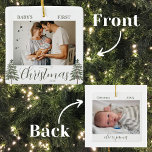 Ornamento De Cerâmica Árvores de Aquarelas do Primeiro Natal 2 Fotos do<br><div class="desc">Celebre o primeiro Natal do seu bebê com o nosso encantador Ornamento Cerâmico de 2 Fotos de Árvores de Aquarela do Bebê. A frente apresenta um belo roteiro verde que lê "O Primeiro Natal do Bebê" junto com o ano, todos colocados contra um pano de fundo de duas lindas pinheiras...</div>