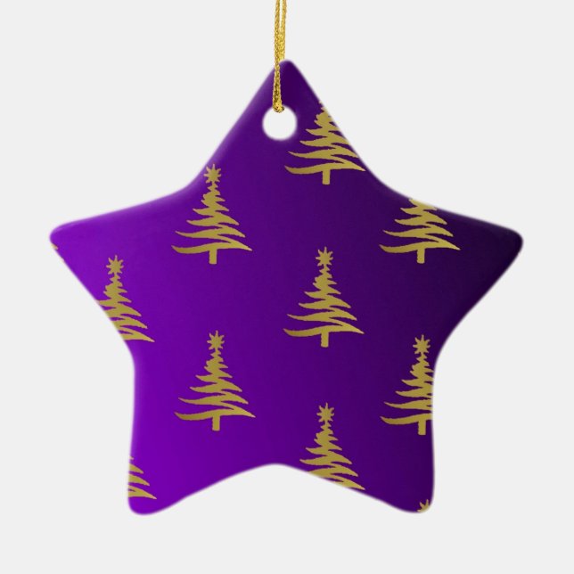 Ornamento De Cerâmica Árvores de Natal Douradas em Roxo (Frente)