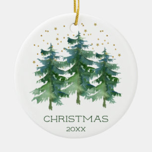 Ornamento De Cerâmica Árvores de Natal em Aquarela com Brilho Dourado