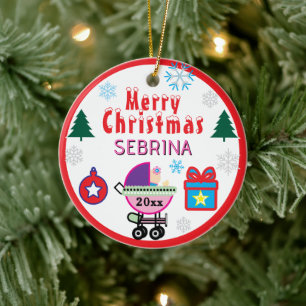 Ornamento De Cerâmica Árvores de Natal Meninas Arco Rosa Nome