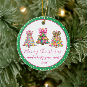 Ornamento De Cerâmica Árvores de Natal Rosa e Verde Elegantes