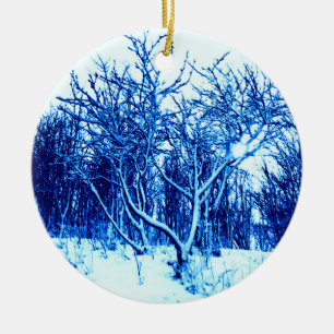 Ornamento De Cerâmica Árvores e Cena de Neve, Azul Cobalto
