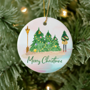 Ornamento De Cerâmica Árvores Verdes de Cor da Água do Natal Moderno