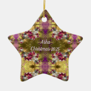 Ornamento De Cerâmica ASHA ~ Dourada Estrela de Natal Fractal ~