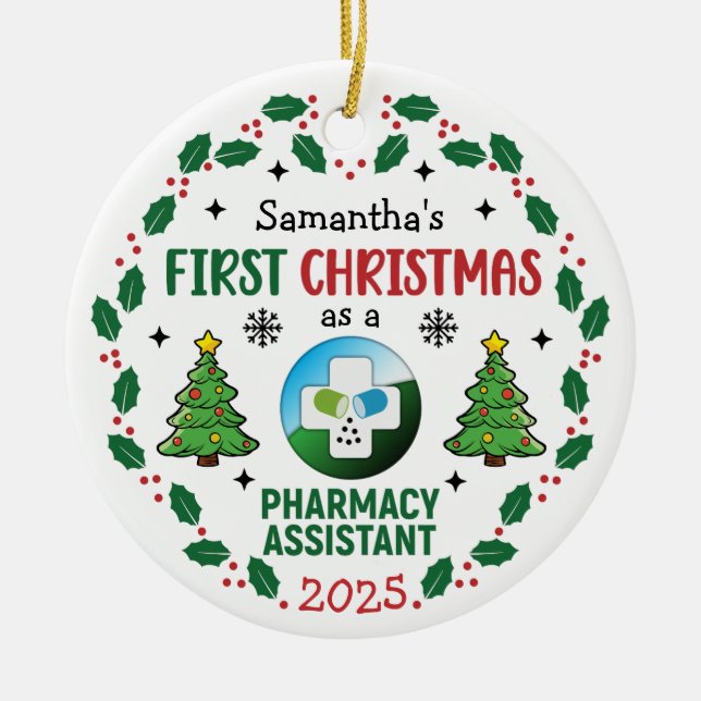 Ornamento De Cerâmica Assistente de Farmácia Primeiro Natal Personalizad (Frente)