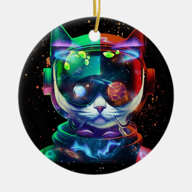 Ornamento De Cerâmica Astronauta de Gato no Fato Espacial e Capacete no  (Frente)