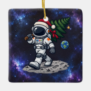 Ornamento De Cerâmica Astronauta de Natal Carregando uma Árvore da Lua