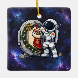 Ornamento De Cerâmica Astronauta do Natal Pendurando uma Meia Lunar