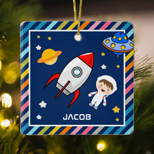 Ornamento De Cerâmica Astronauta Menino Fofo Foguete Espaço Exterior Qua
