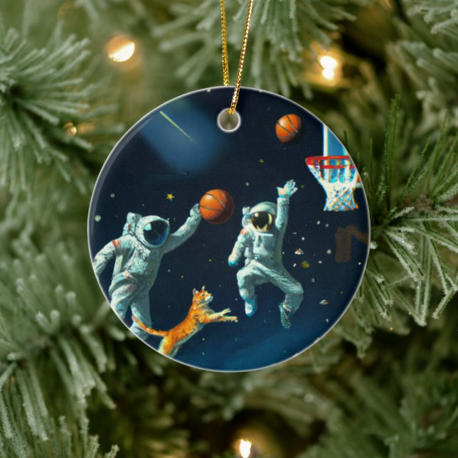 Ornamento De Cerâmica Astronautas de Cats Espaciais Jogando Basquete no  (Árvore)