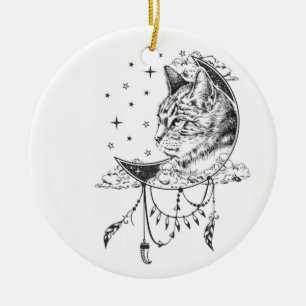 Ornamento De Cerâmica Atalho de Sol de Gato Preto e Branco na Lua na Jan