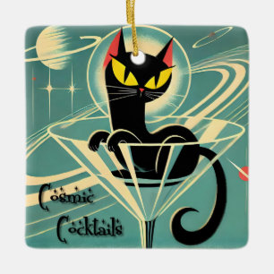Ornamento De Cerâmica Atomic Futuristic Space Age Black Cat Martini