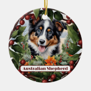 Ornamento De Cerâmica Aussie Pup Ornament, Personalize Puppy Christmas