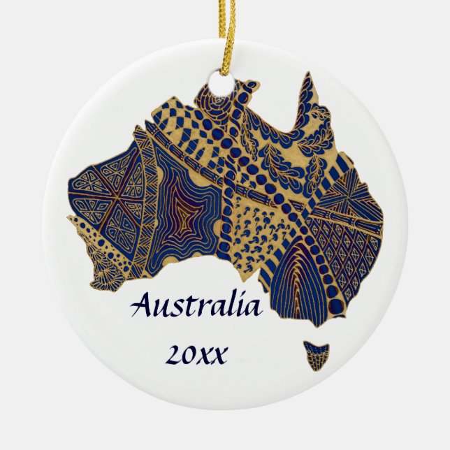 Ornamento De Cerâmica Australia Doodle Tan Red Blue (Frente)