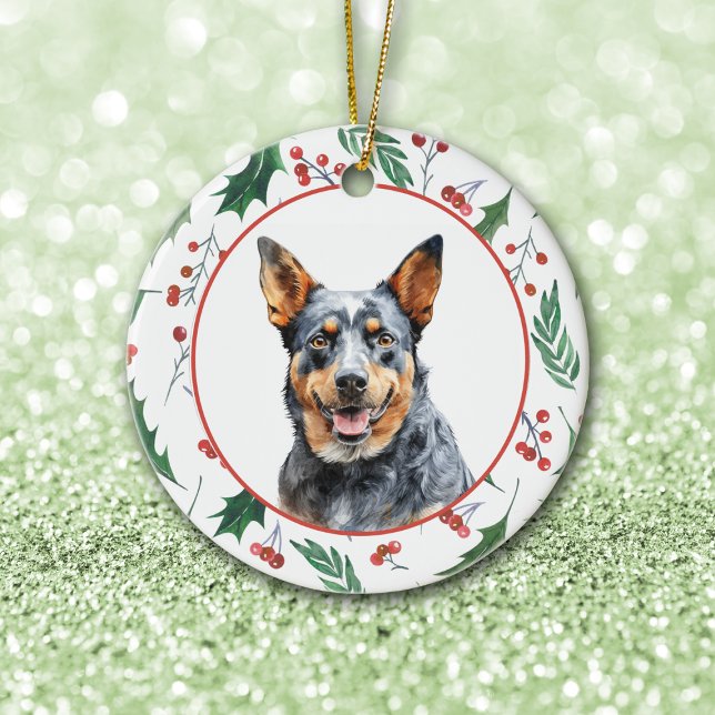 Ornamento De Cerâmica Australian Cattle Dog Red Berry Holly Border (Criador carregado)