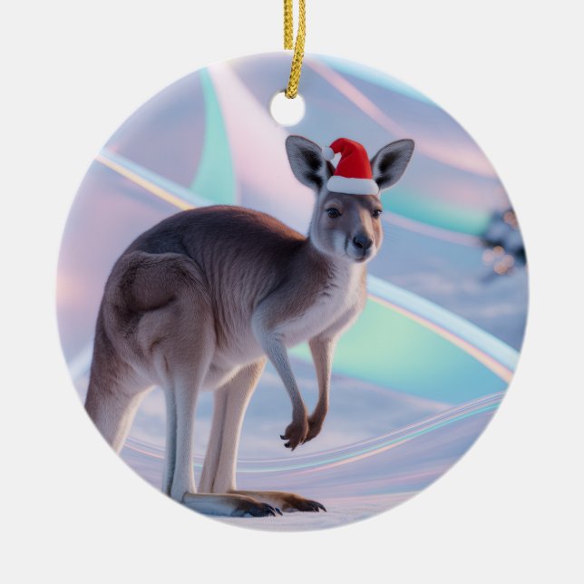 Ornamento De Cerâmica Australian Christmas Kangaroo + Santa Hat Holiday (Frente)