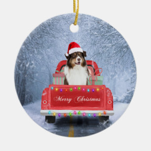 Ornamento De Cerâmica Australian Shepherd Dog in Snow Christmas