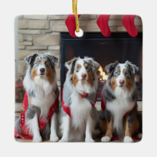 Ornamento De Cerâmica Australian Shepherd Perto da Lareira Natal