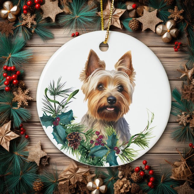Ornamento De Cerâmica Australiano Terrier Dog Portrait Holly Wreath (Criador carregado)