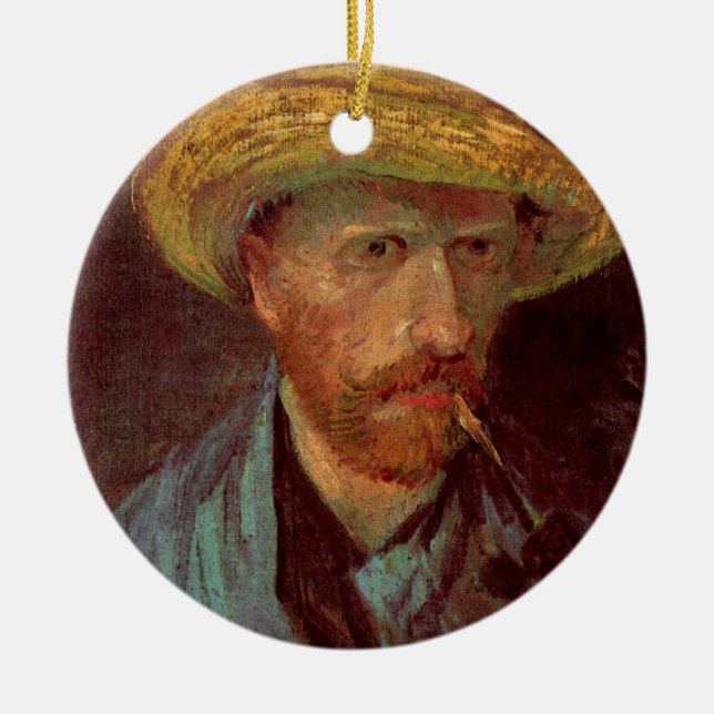 Ornamento De Cerâmica Autoretrato Van Gogh com Chapéu e Pipe de Palha (Frente)